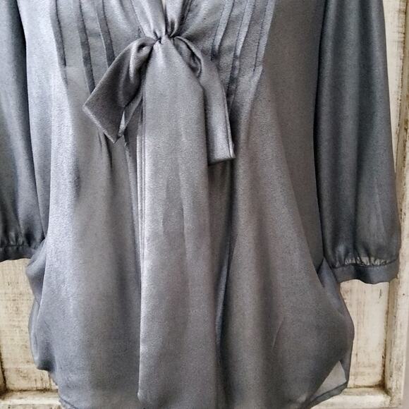 Decree Women's Junior 3/4 Sleeve, Button Tie Front Sheer Top in Metallic Silver - Picture 4 of 6